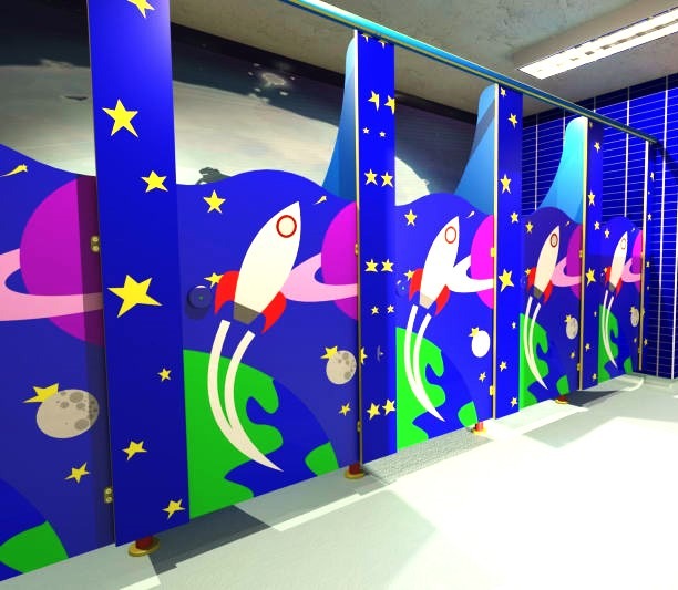 Coral and grey Rainbow school toilet cubicles for a secondary washroom