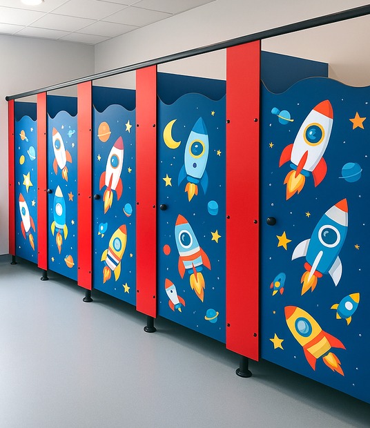 Rainbow rocket custom printed school toilet cubicles with space graphics