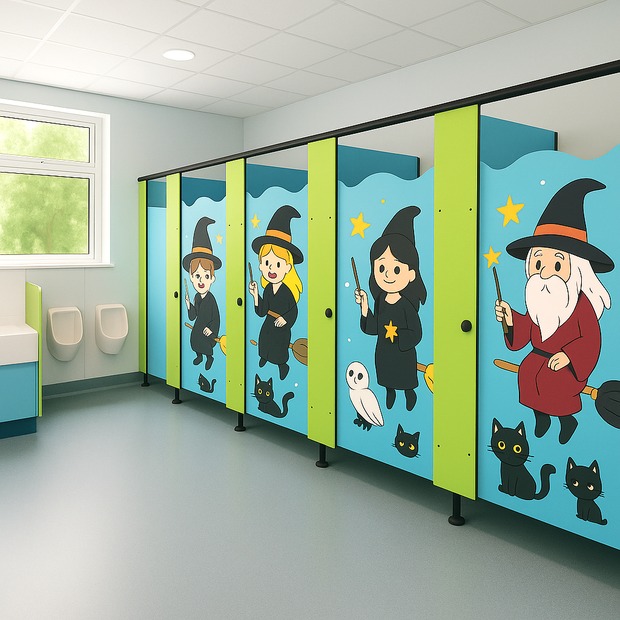Rainbow wizard themed school toilet cubicles with colourful printed graphics